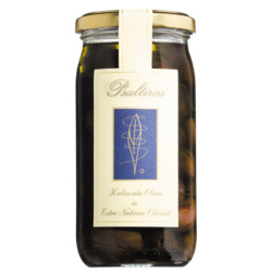 Kalamata Oliven aus Mani von Psaltiras, in Olivenöl, mit Stein, 320 g