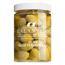 Grüne Riesenoliven der Sorte ,Bella di Cerignola‘ von Galantino, mit Stein, in Salzlake, 550 g