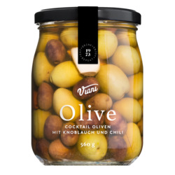Olive - Cocktail Oliven mit Knoblauch und Chili von Viani, in Salzlake, 560 g