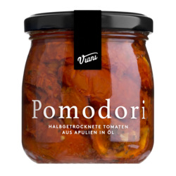Pomodori - halbgetrocknete Tomaten aus Apulien von Viani, in Olivenöl mit Kräutern, fruchtig-süß, 180 g
