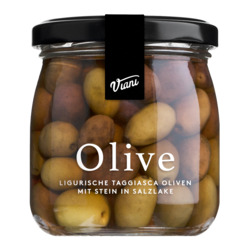Olive - Ligurische Taggiasca Oliven von Viani, mit Stein in Salzlake, 180 g