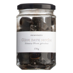 Schwarze Oliven mit Stein, getrocknet von Primopasto, Olive nere secche, 170 g