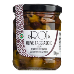 Ligurische Taggiasca Oliven ohne Stein von Olio Roi, in nativem Olivenöl extra, 180 g